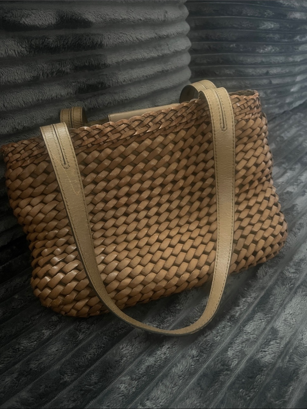Vintage Fossil Woven Leather Tote in Brown with Tan Straps